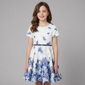 Girls White Floral Satin Dress