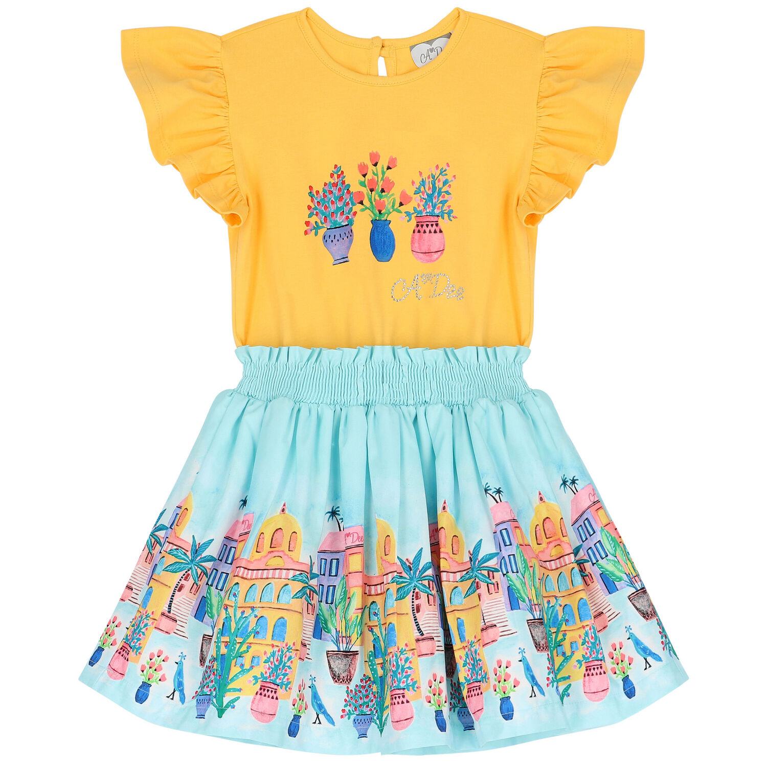Girls Yellow & Blue Tropical Island Dress, 1, hi-res