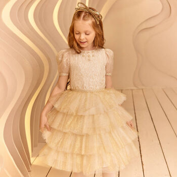 Girls Ivory & Gold Tiered Organza & Tulle Dress