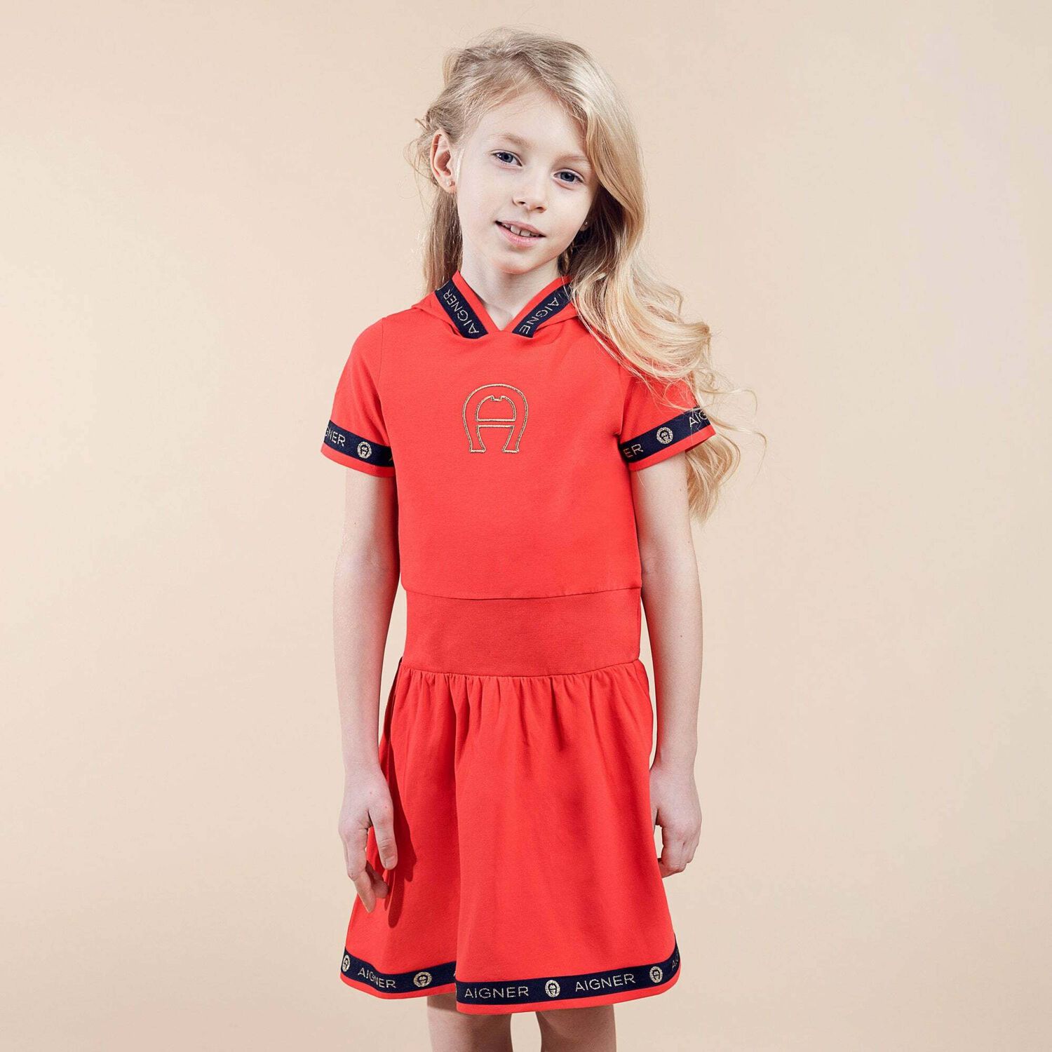 Girls Navy Blue & Gold Logo Dress, 1, hi-res