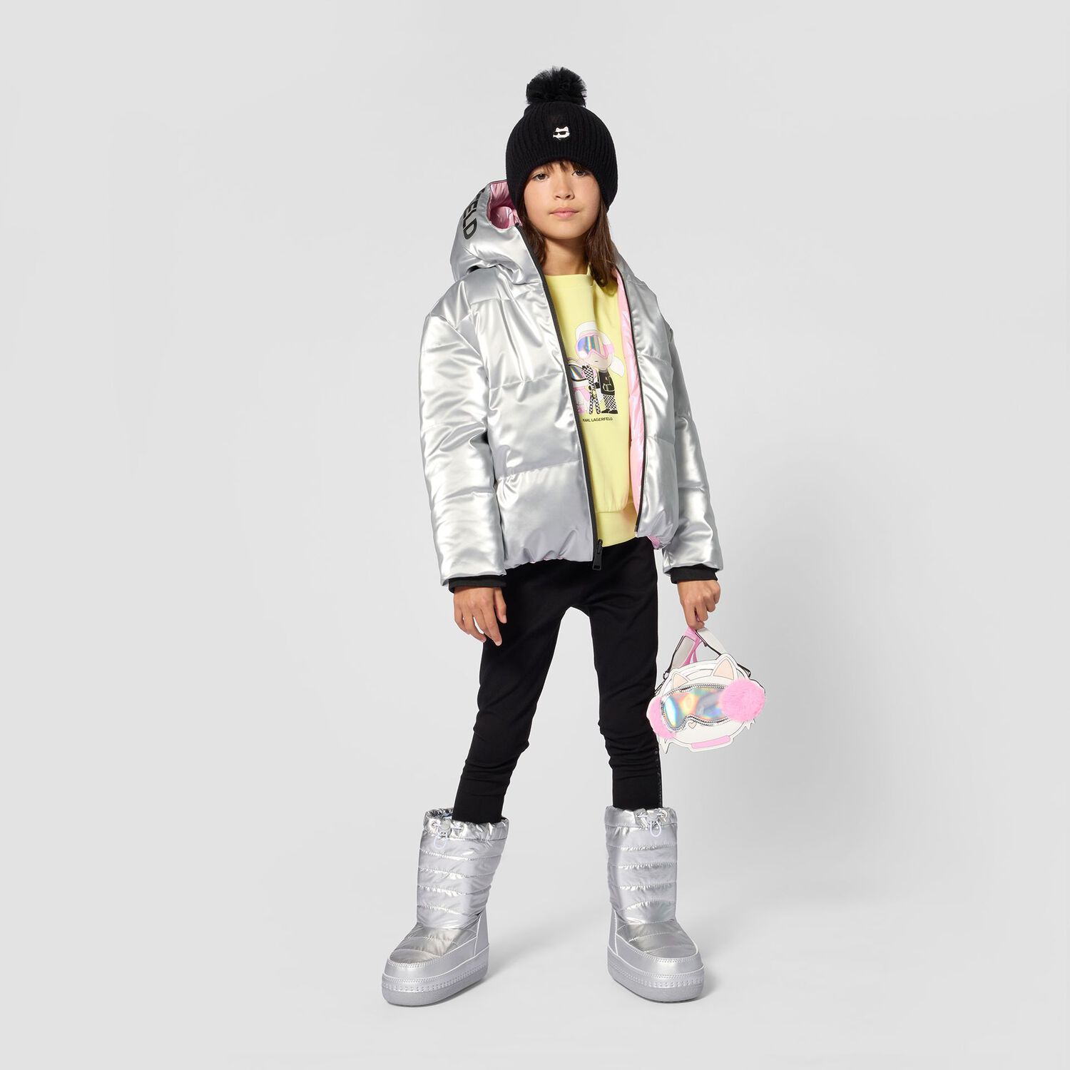Girls Silver & Pink Reversible Puffer Jacket, 1, hi-res