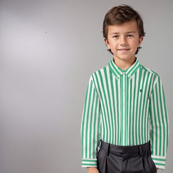Boys Green & White Striped Logo Shirt