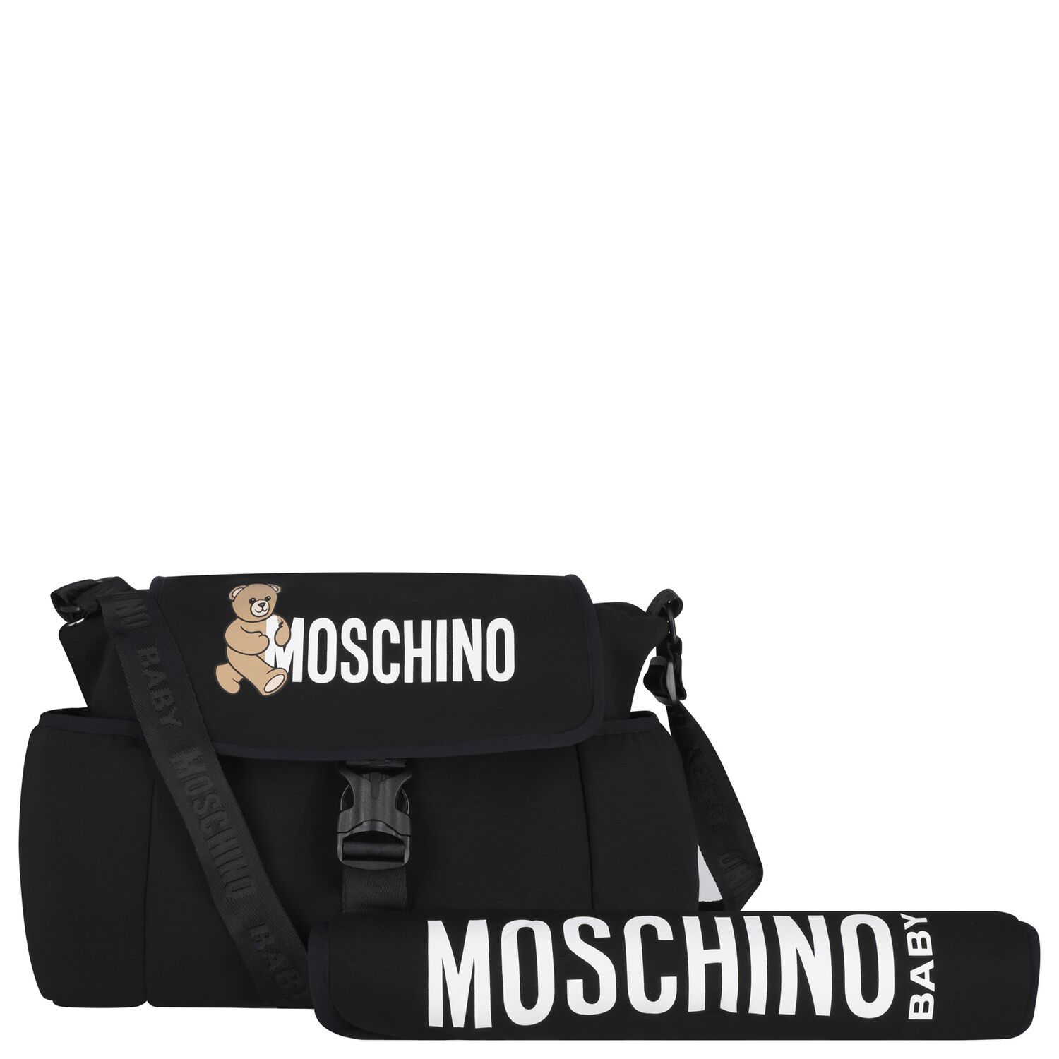 Black Teddy Bear Logo Baby Changing Bag, 1, hi-res