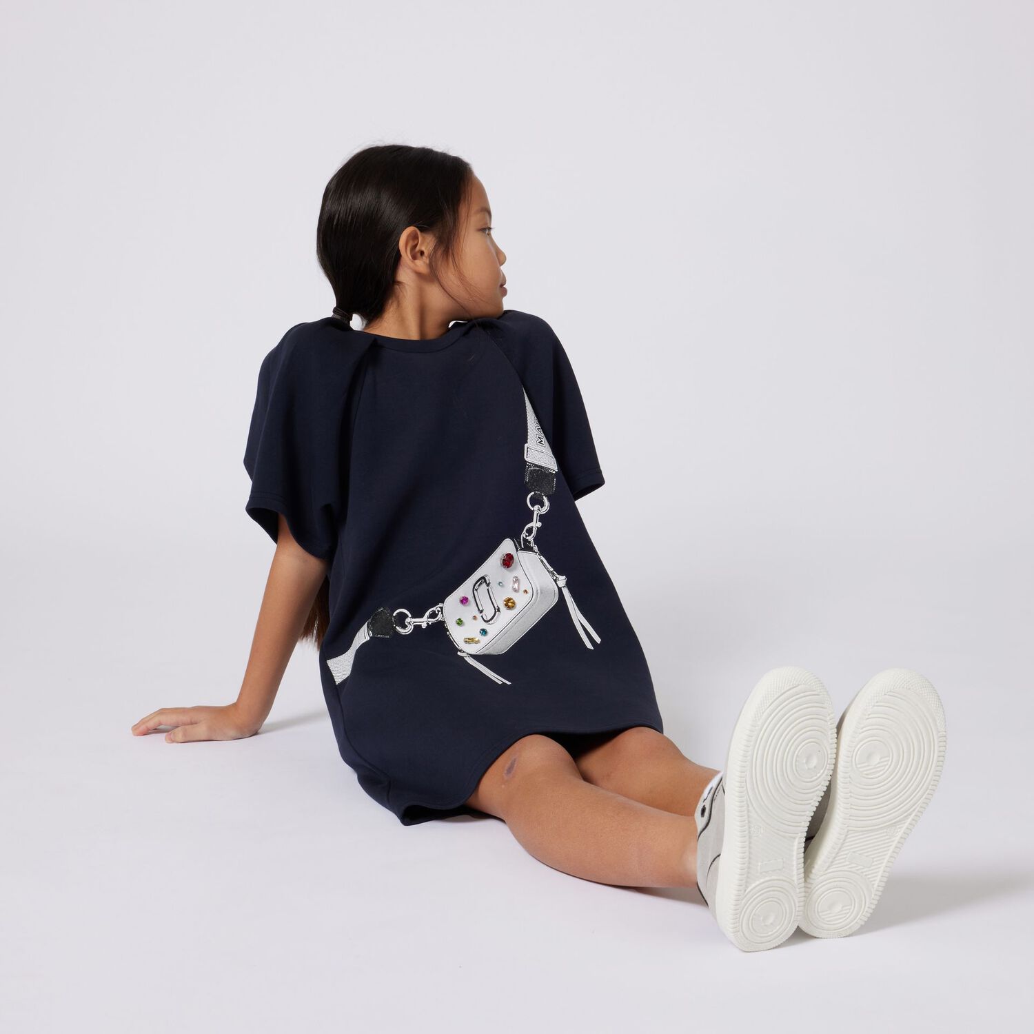 Girls Navy Blue Logo Bag Dress, 1, hi-res
