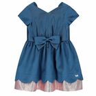Girls Blue & Rose-Gold Bow Dress, 2, hi-res