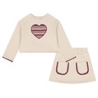 Girls Beige Heart Skirt Set, 1, hi-res