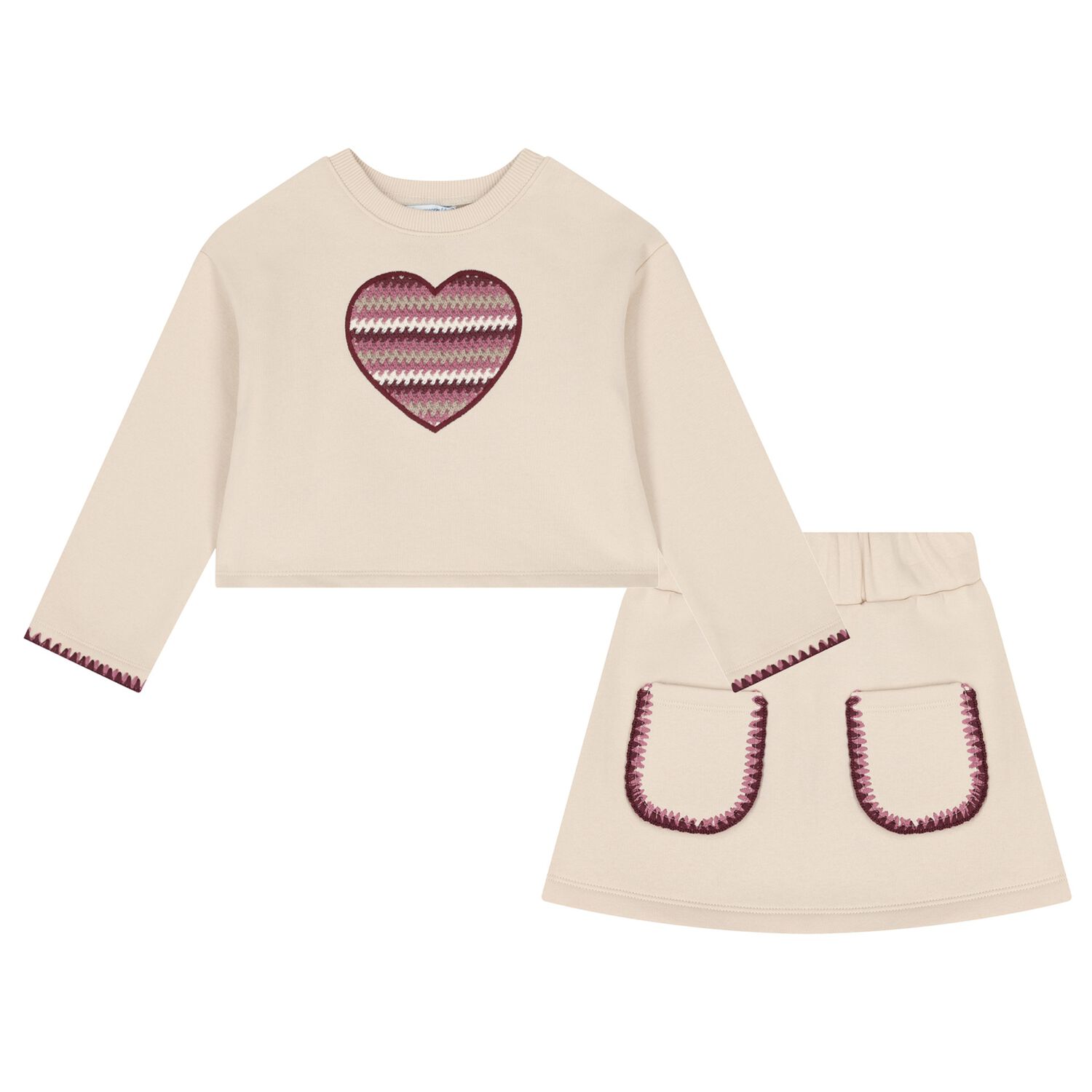 Girls Beige Heart Skirt Set, 1, hi-res