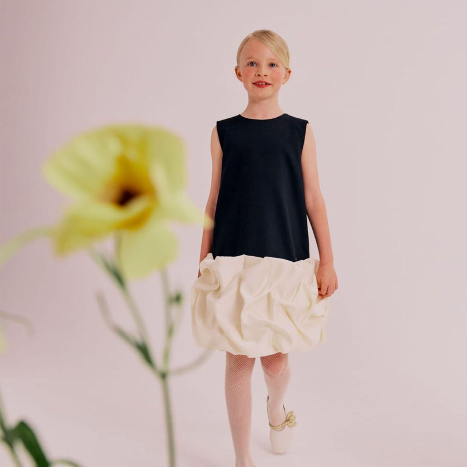 Girls Black & Ivory Ruffle Hem Dress, 1, hi-res