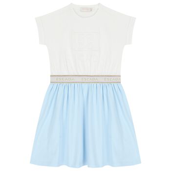 Girls White & Blue Logo Dress