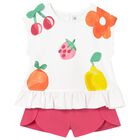 Younger Girls White & Pink Shorts Set, 2, hi-res