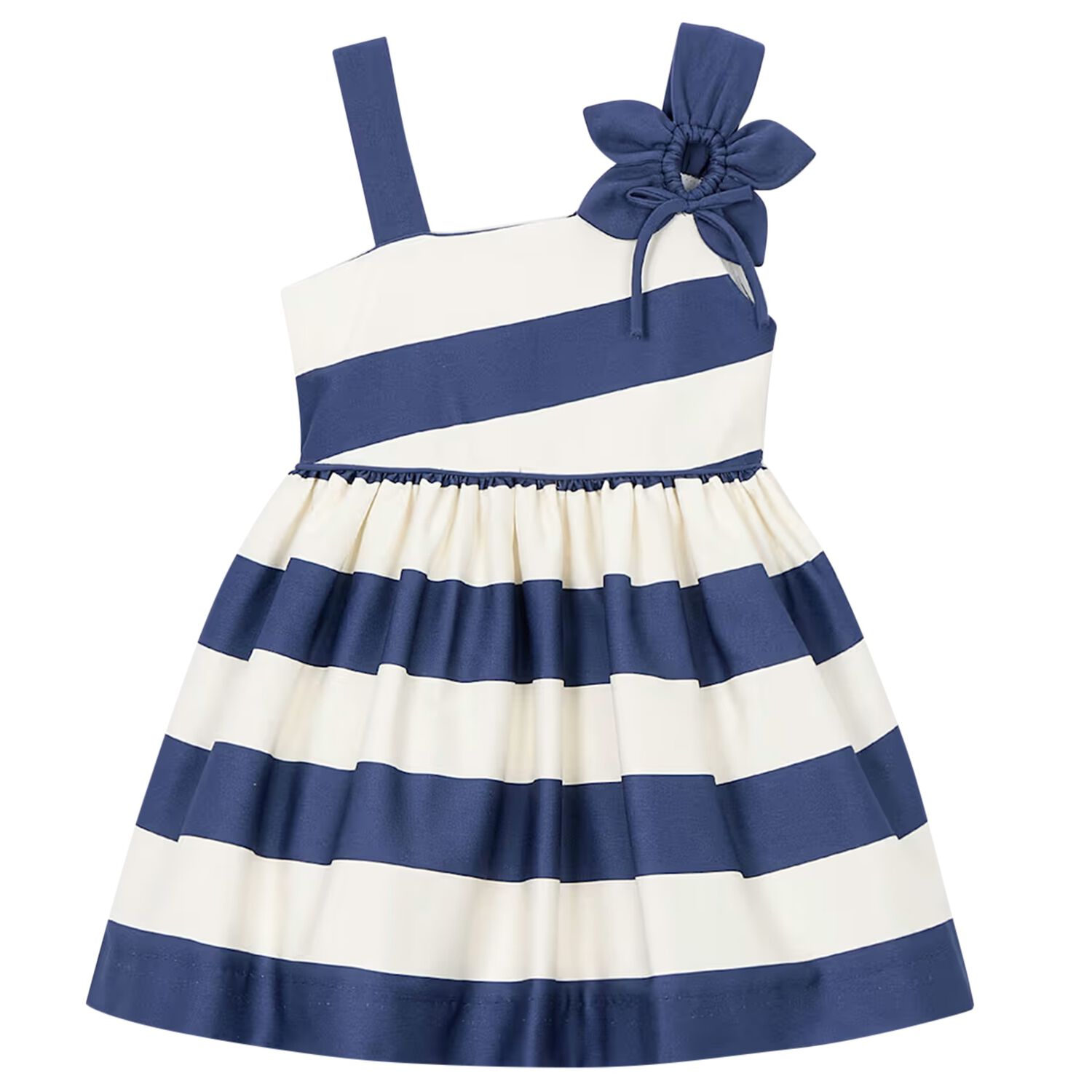 Girls Ivory & Navy Blue Striped Flower Dress, 2, hi-res