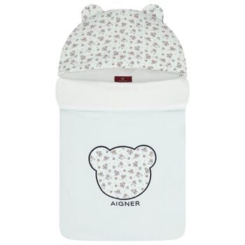 Baby Boys Blue & White Teddy Bear Logo Nest