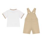 Baby Boys Beige & White Logo Dungaree Set, 2, hi-res