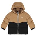 Younger Boys Beige & Black Puffer Jacket, 1, hi-res