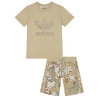 Beige Trefoil Logo Camouflage Shorts Set, 1, hi-res