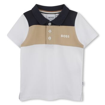 Younger Boys White & Beige Logo Polo Shirt