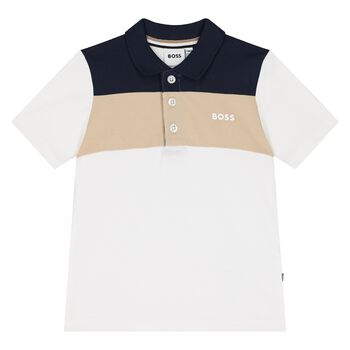 Younger Boys White & Beige Logo Polo Shirt