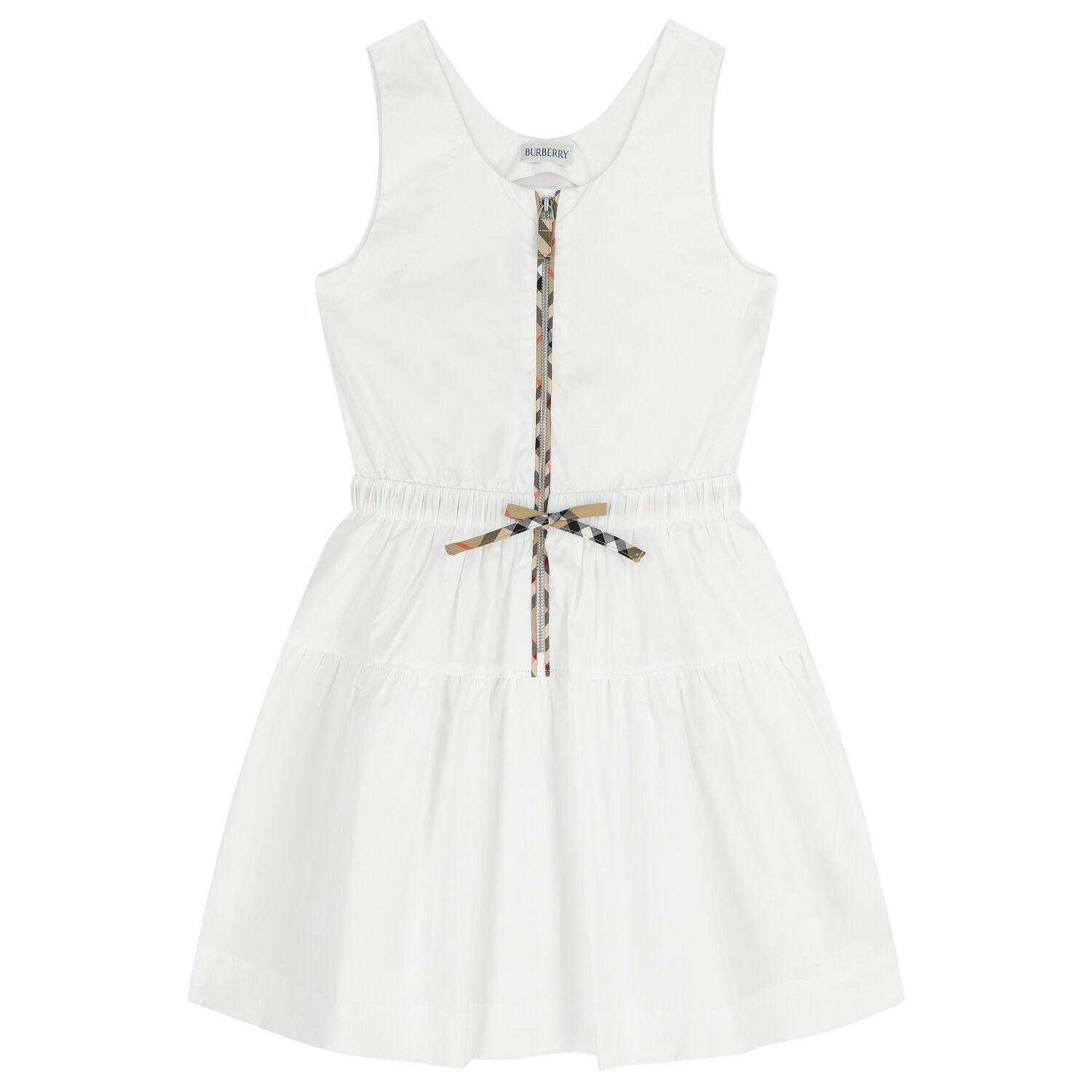 Girls White Check Sleeveless Dress, 1, hi-res