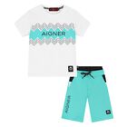 Younger Boys White & Aqua Logo Shorts Set, 2, hi-res