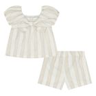 Younger Girls Beige & White Striped Shorts Set, 1, hi-res