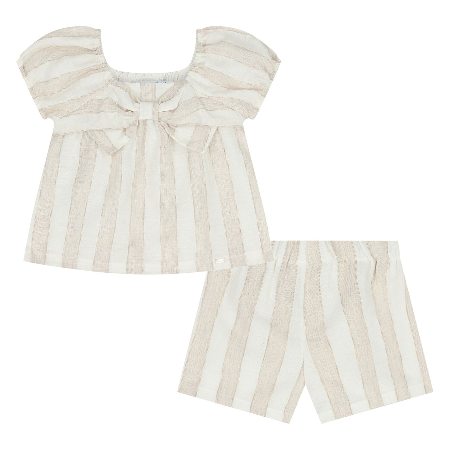 Younger Girls Beige & White Striped Shorts Set, 1, hi-res