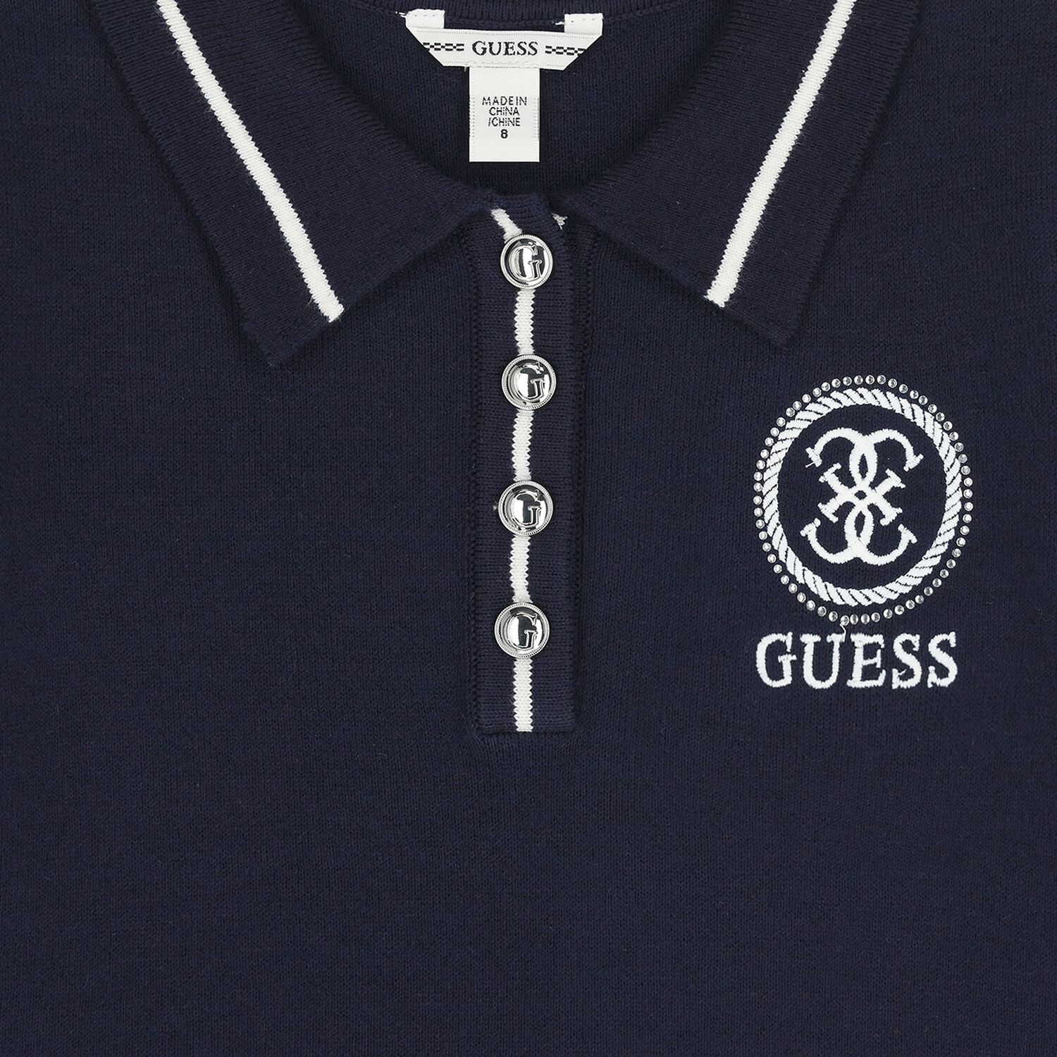Girls Navy Blue Logo Knitted Polo Shirt, 2, hi-res