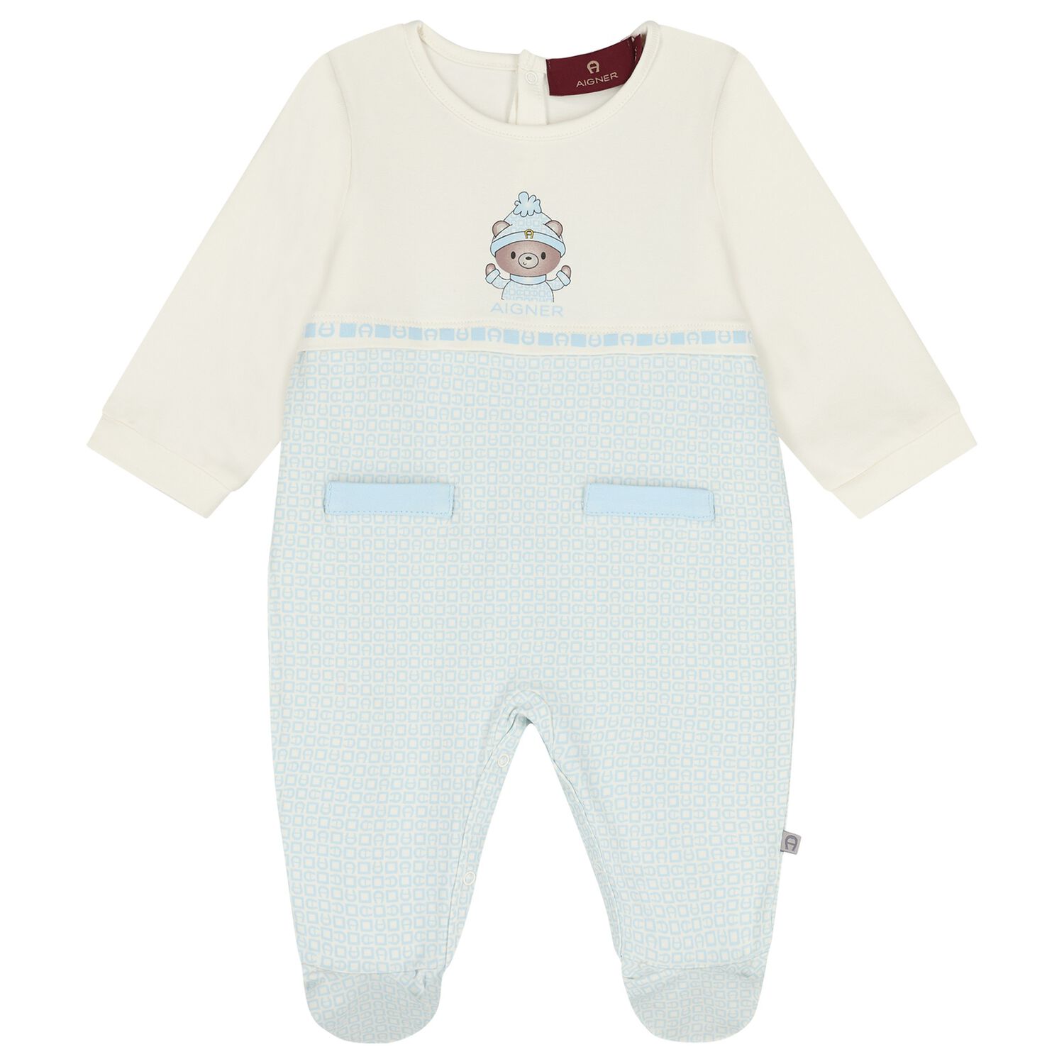 Baby Boys Ivory & Blue Teddy Bear Logo Babygrow, 2, hi-res