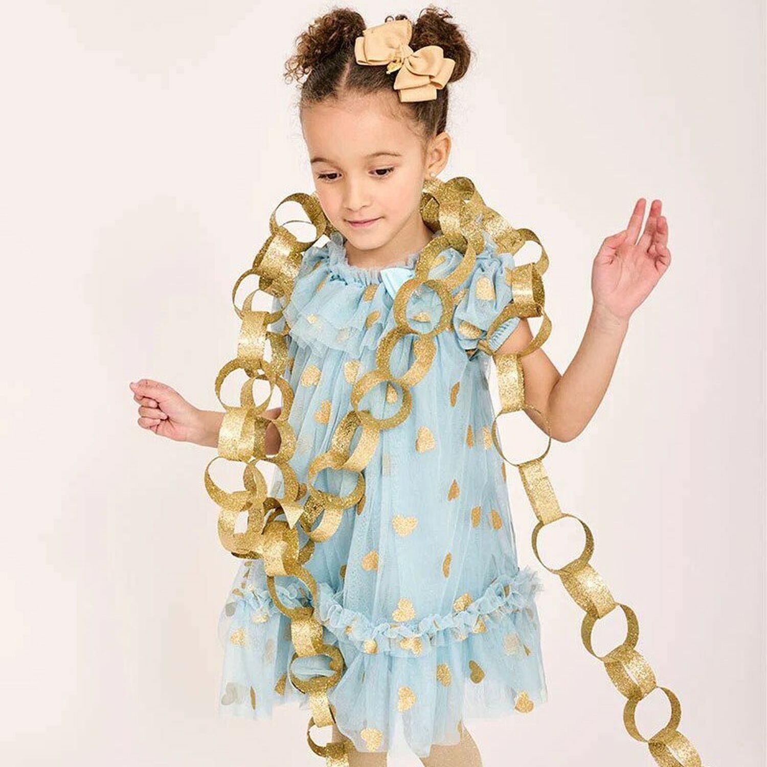 Girls Blue & Gold Hearts Dress, 1, hi-res