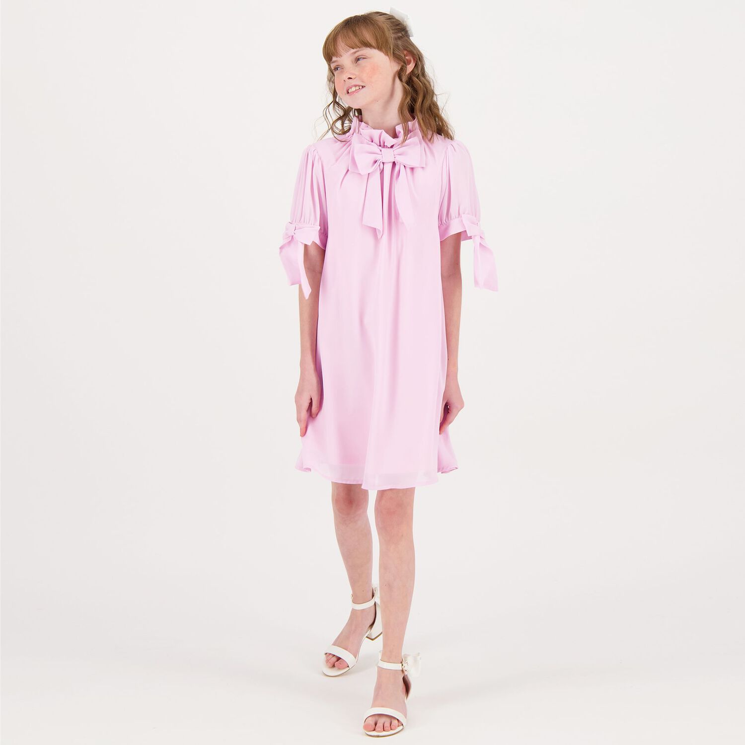 Girls Pink Chiffon Bow Dress, 1, hi-res image number null
