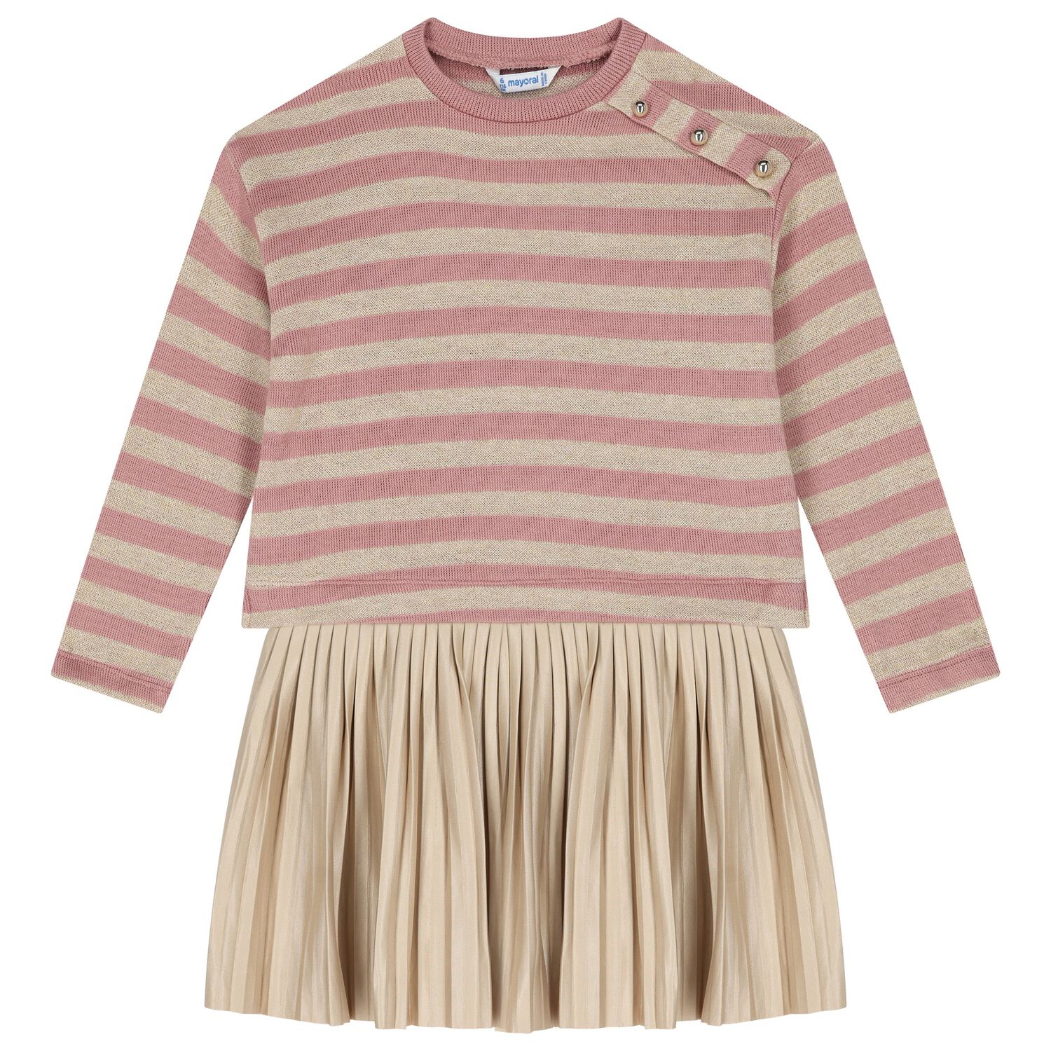 Girls Pink & Beige Striped Dress Set, 1, hi-res image number null