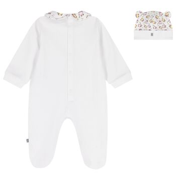 Baby Girls White Teddy Bear Logo Babygrow & Hat Gift Set