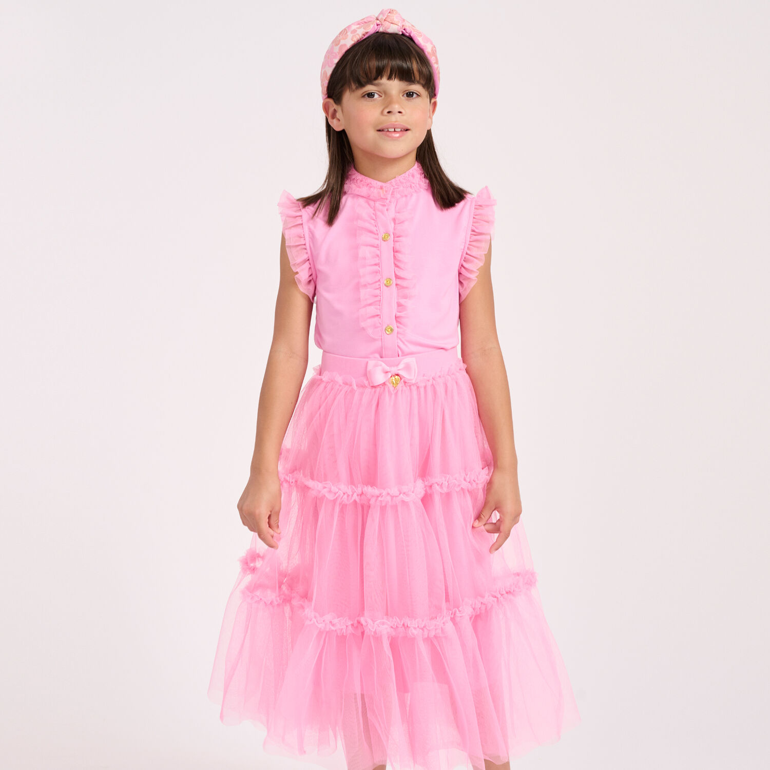 Girls Pink Tulle Midi Skirt, 1, hi-res