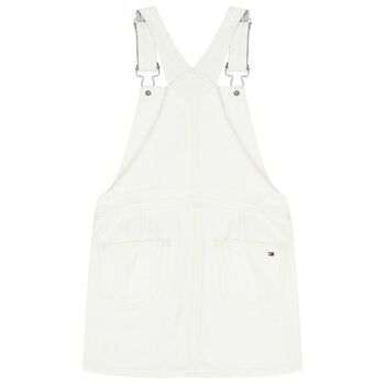 Girls White Denim Dungaree Dress