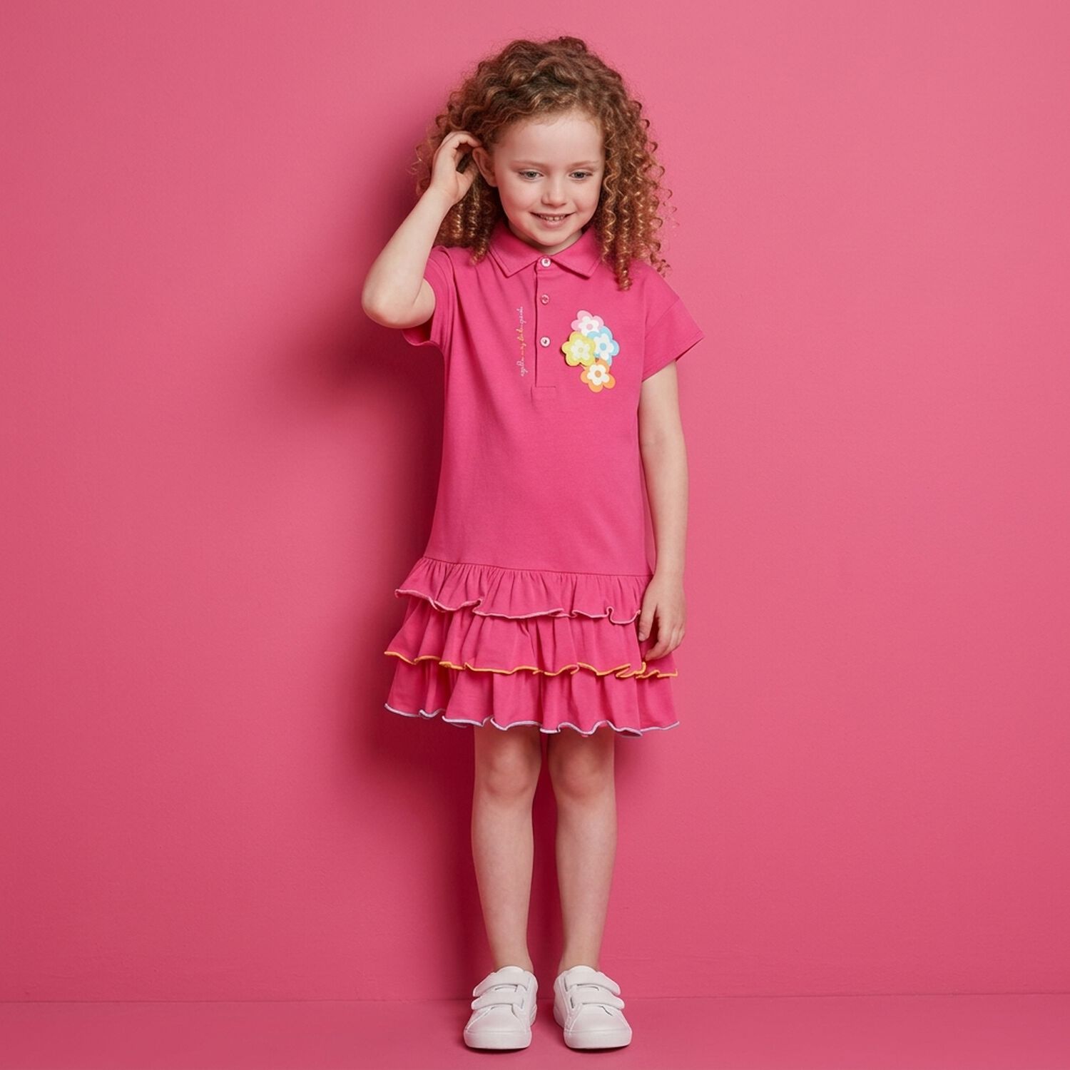 Girls Pink Flower Polo Dress, 1, hi-res