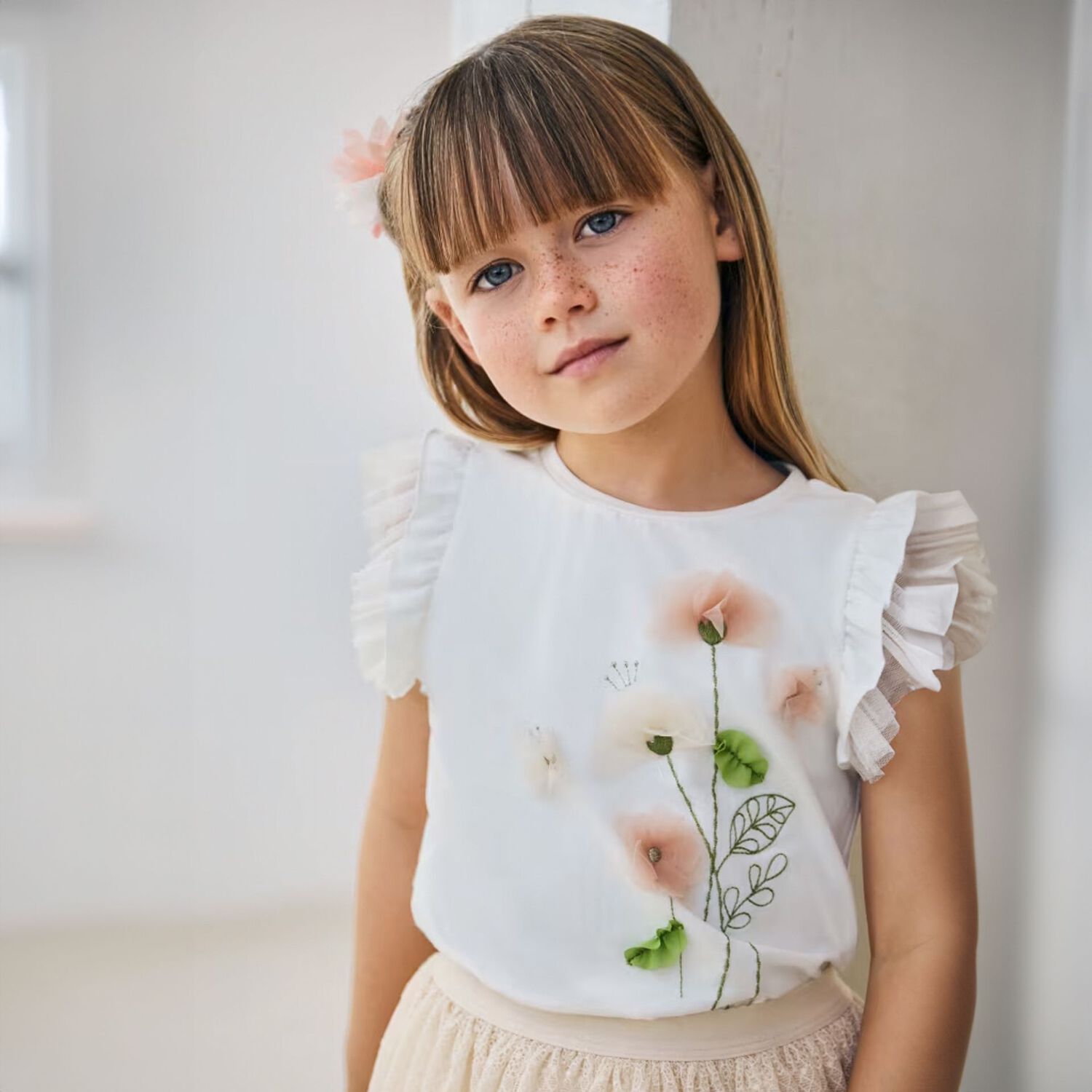 Girls White Tulle Flower T-Shirt, 1, hi-res