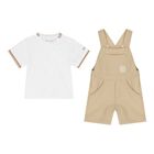 Baby Boys Beige & White Logo Dungaree Set, 2, hi-res