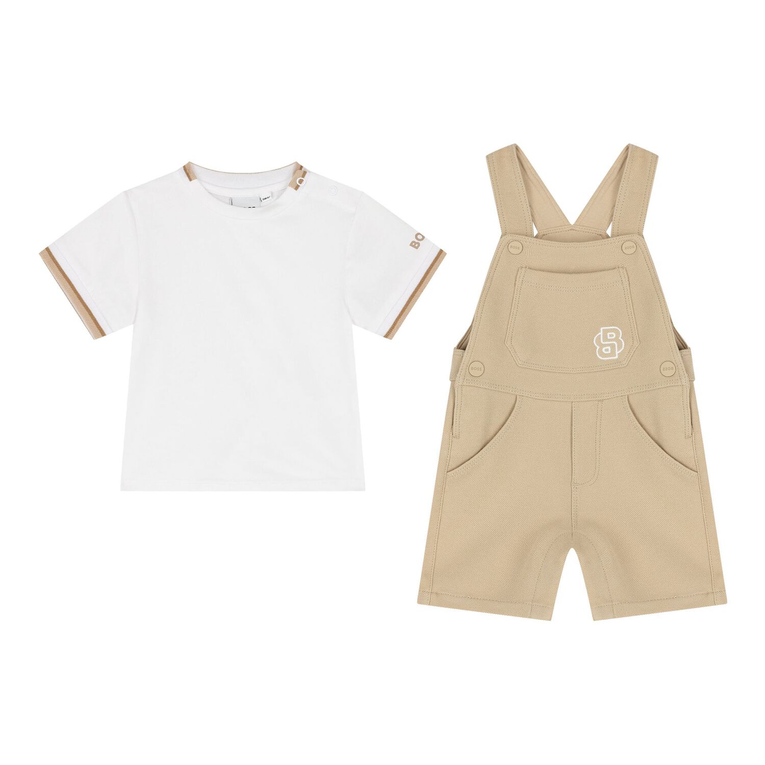 Baby Boys Beige & White Logo Dungaree Set, 2, hi-res