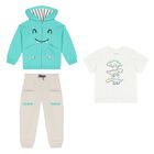 Younger Boys Ivory, Green & White Dino Tracksuit Set, 1, hi-res