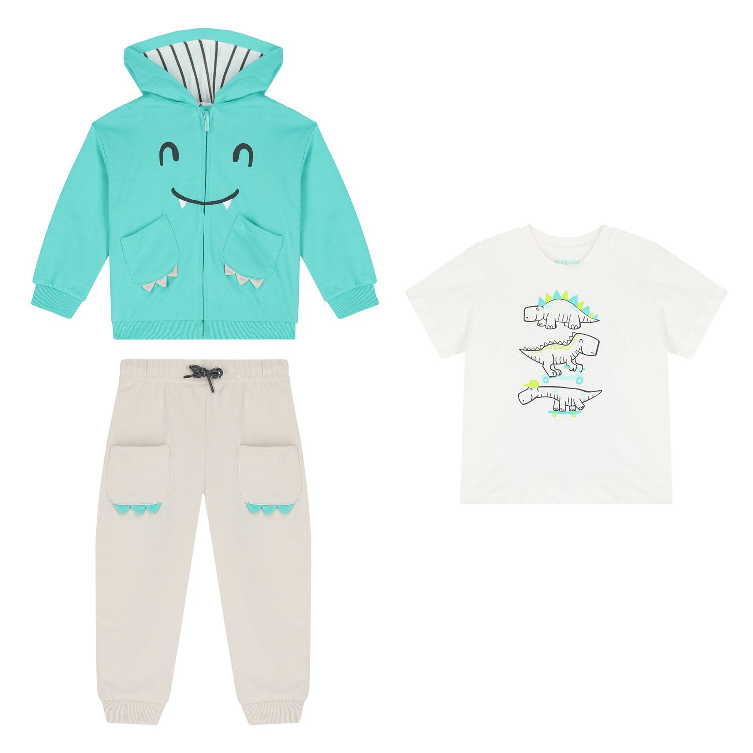 Younger Boys Ivory, Green & White Dino Tracksuit Set, 1, hi-res