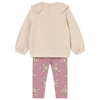 Younger Girls Beige & Pink Teddy Bear Leggings Set