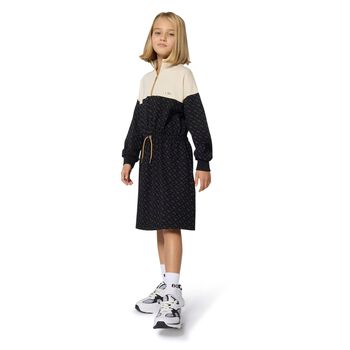 Girls Ivory & Black Logo Dress