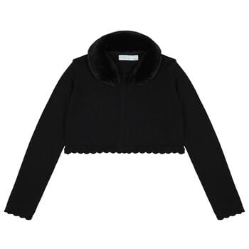 Girls Black Faux Fur Collar Cardigan