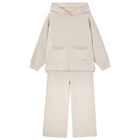 Girls Beige Knitted Hooded Tracksuit, 2, hi-res