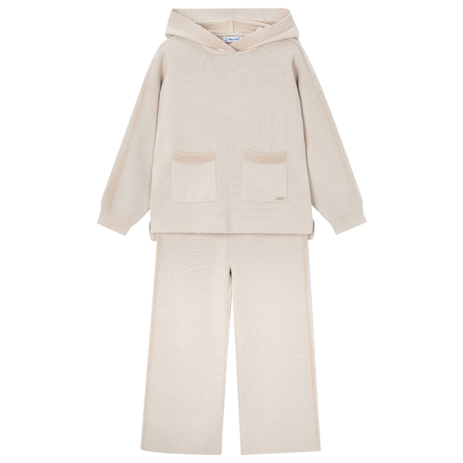 Girls Beige Knitted Hooded Tracksuit, 2, hi-res