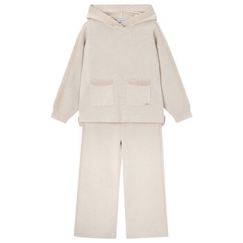 Girls Beige Knitted Hooded Tracksuit