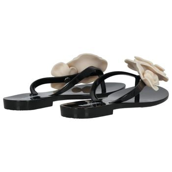 Girls Black & Beige Logo Flower Flip Flops