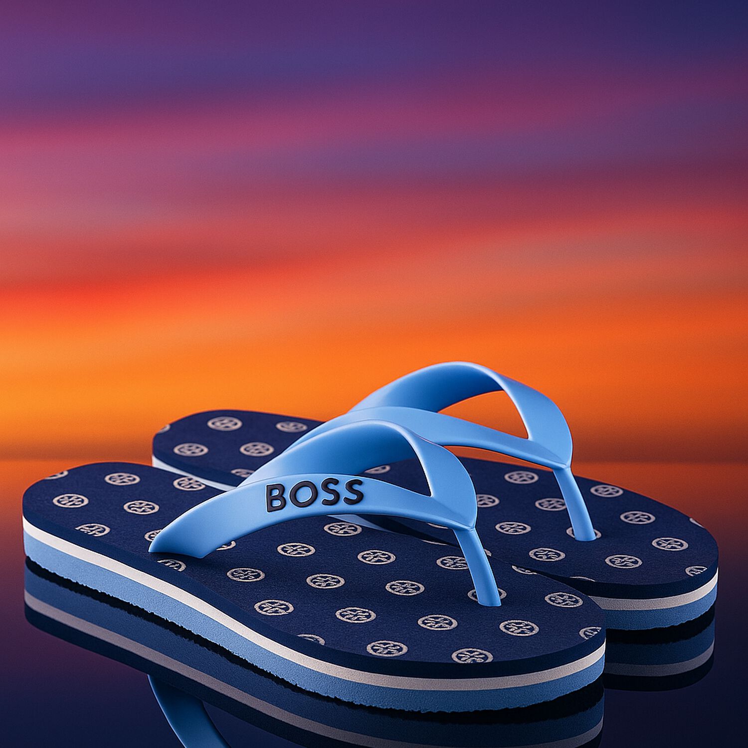 Boys Navy Blue Logo Flip Flops, 1, hi-res