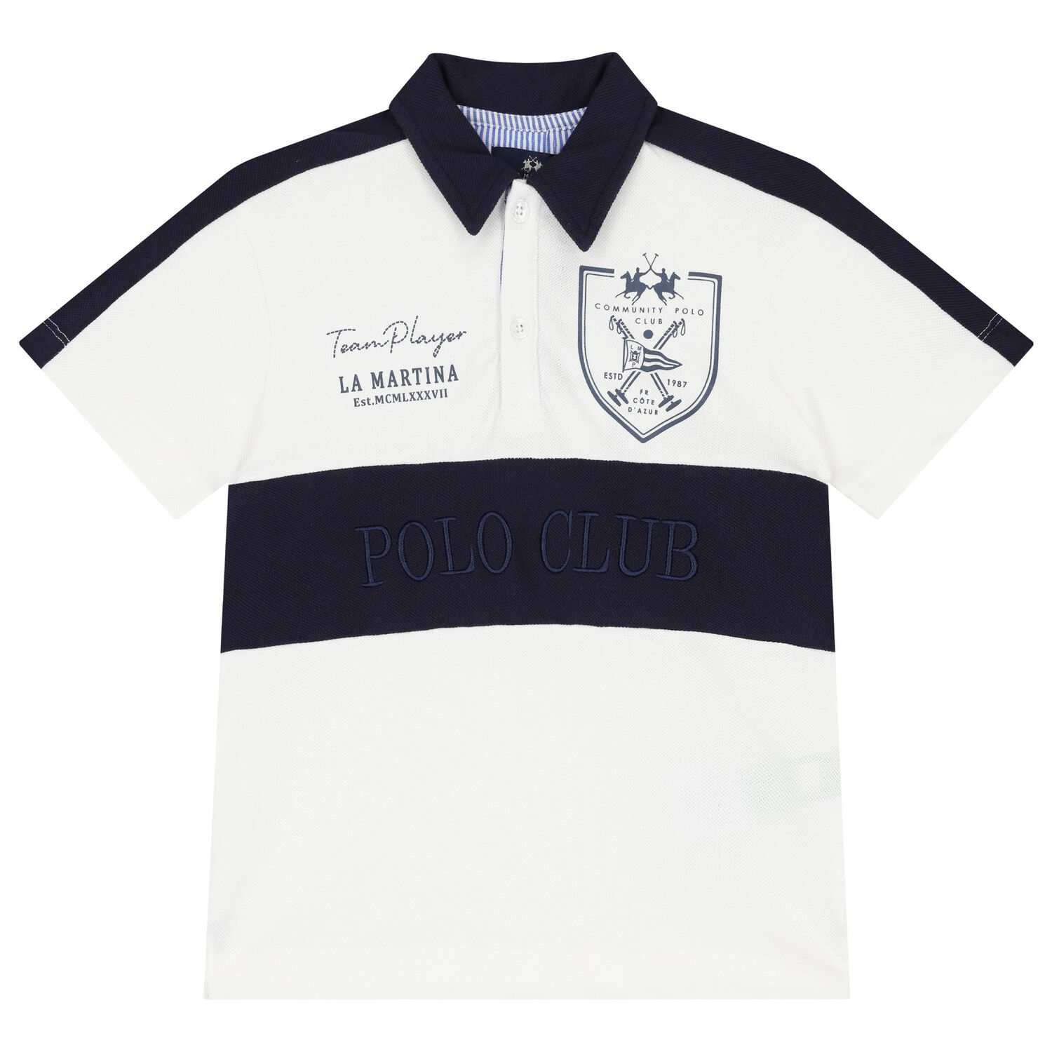 Boys White & Navy Blue Logo Polo Shirt, 1, hi-res