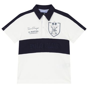 Boys White & Navy Blue Logo Polo Shirt