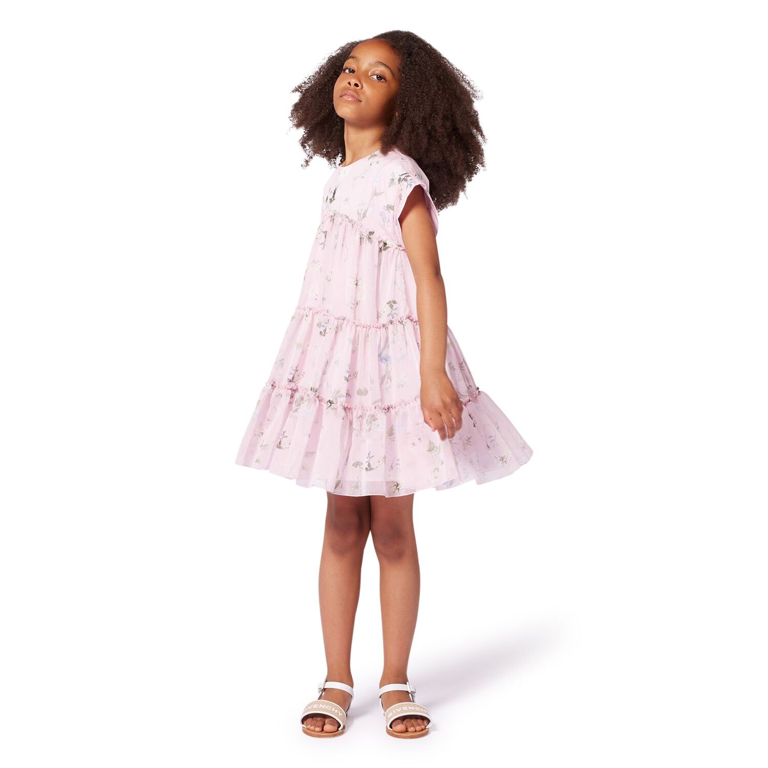 Girls Pink Floral Chiffon Tiered Dress, 1, hi-res